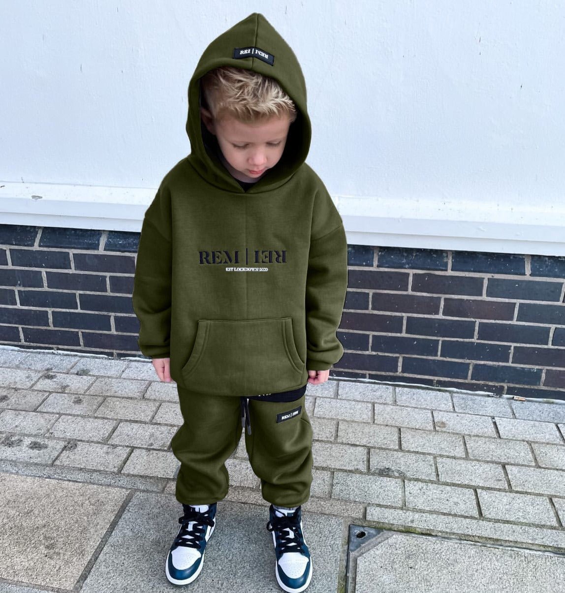 Boys designer khaki fleece lined hoodie. Stylish hoodie with reflective print on the front. made ethically. Boys, junior tracksuit set