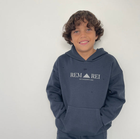 Boys designer midnight blue fleece lined hoodie.  Stylish hoodie with reflective print on the front. made ethically.  Boys, junior tracksuit set