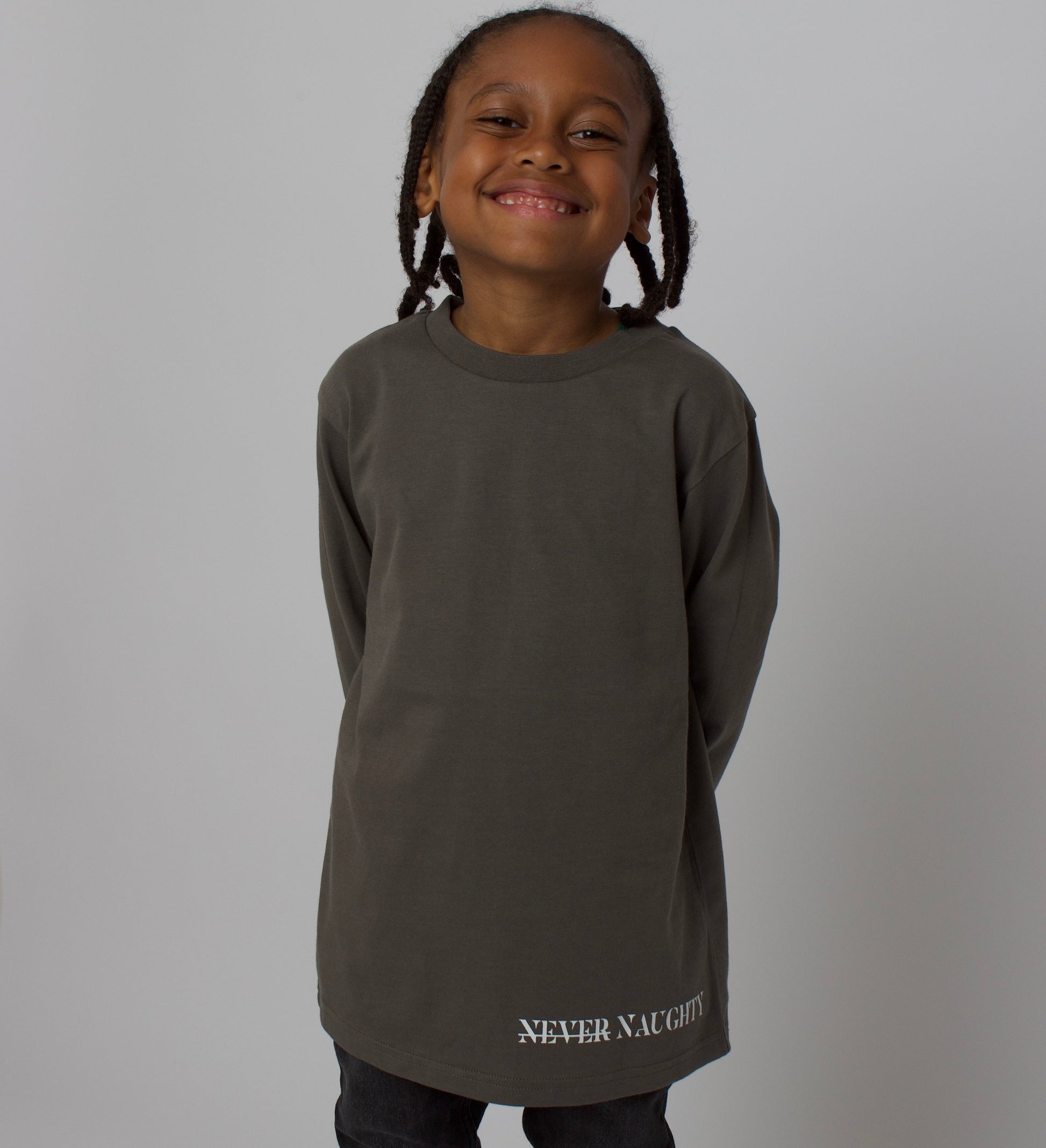 boys grey long sleeve stylish top. Kids Charcoal grey Never Naughty Long Sleeve Top. Boys smart top, top for occasion. 