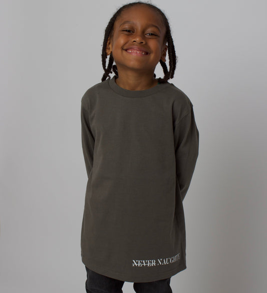 boys grey long sleeve stylish top. Kids Charcoal grey Never Naughty Long Sleeve Top. Boys smart top, top for occasion. 